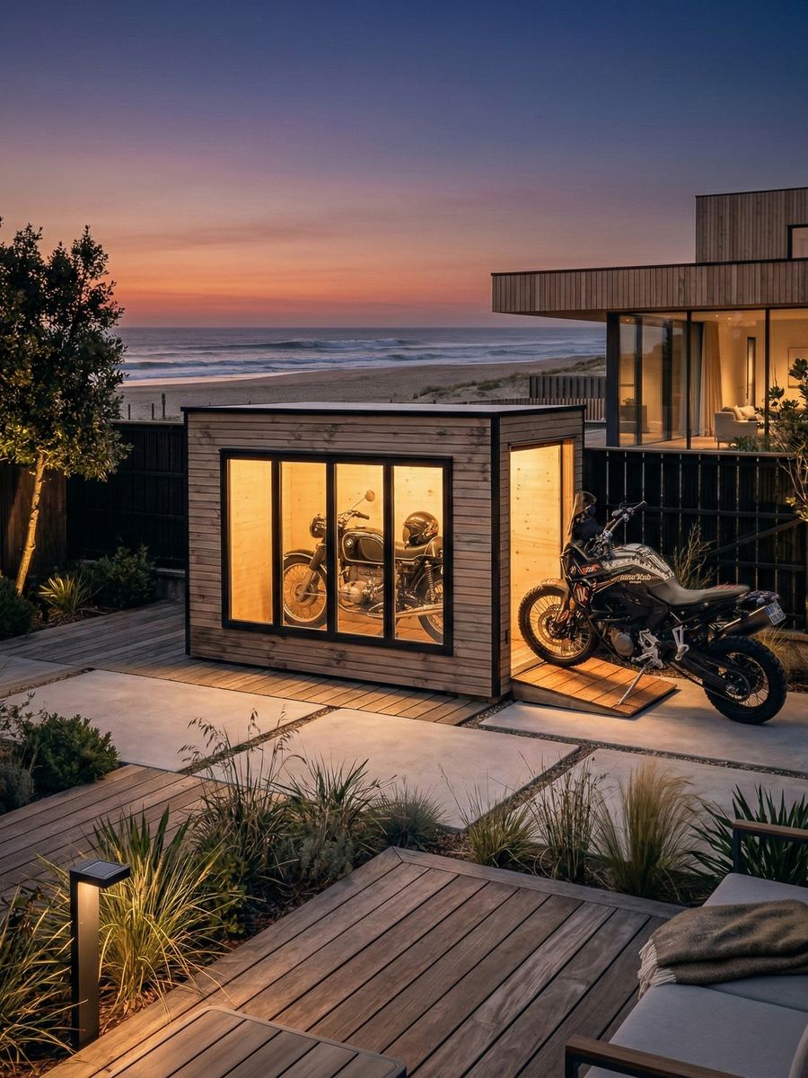 Abri moto Inno'Kub intégré dans un jardin face à l'océan, au crépuscule