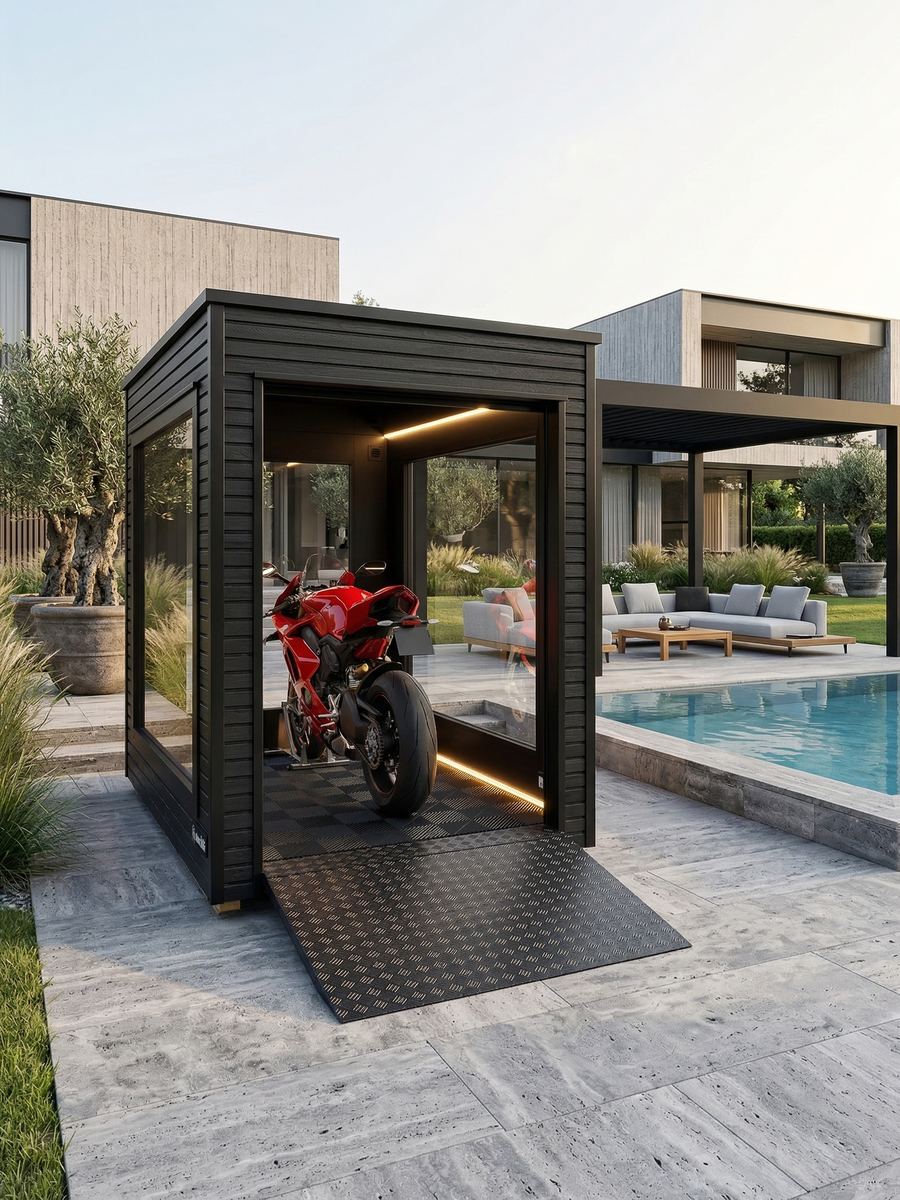 Mono 125 Obsidian au bord d'une piscine, moto sportive rouge exposée