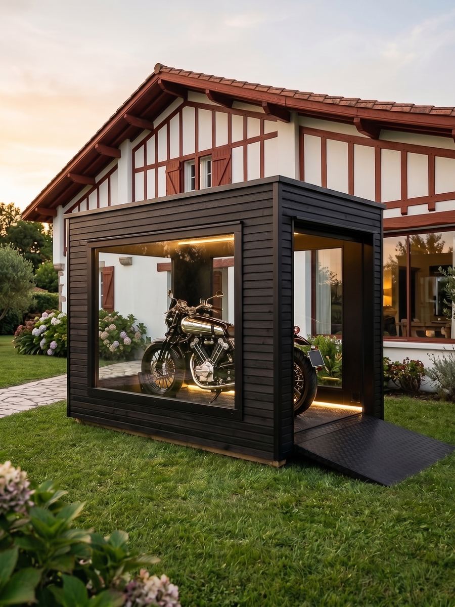 Twin 175 Obsidian devant une maison basque, moto ancienne exposée
