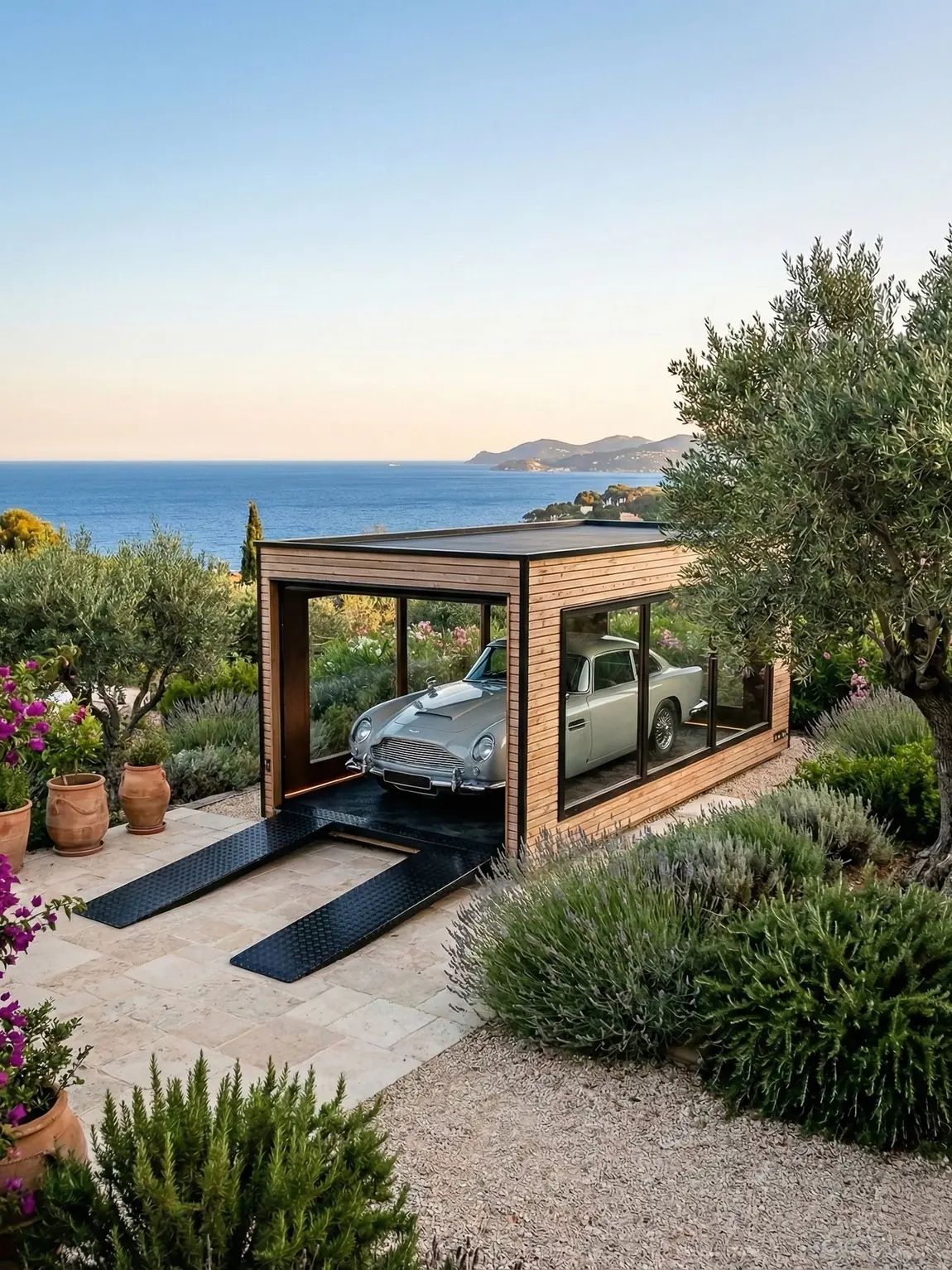 Garage en bois Inno'Kub à châssis vitrés dominant la mer sur la Côte d'Azur, Aston Martin DB5 à l'intérieur