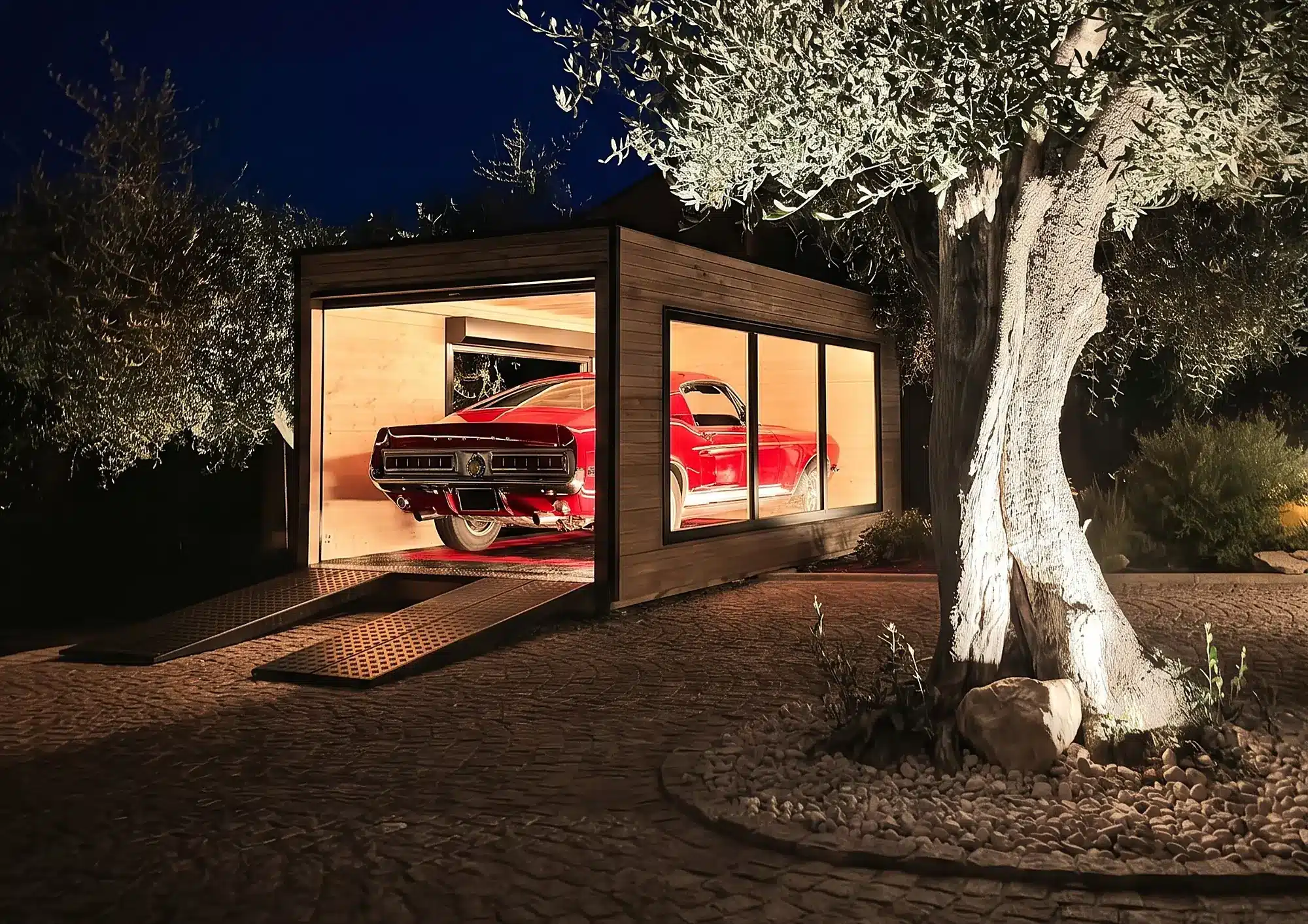 Garage en bois Inno'Kub de nuit sous un olivier éclairé, Mustang rouge exposée, rampes d'accès en aluminium en place