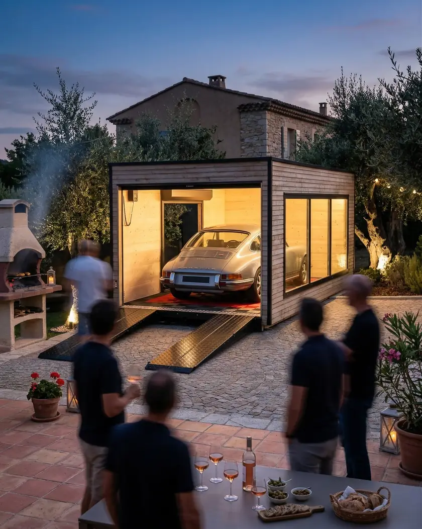 Garage Inno'Kub éclairé au crépuscule lors d'une soirée entre amis, Porsche 911 classique à l'intérieur