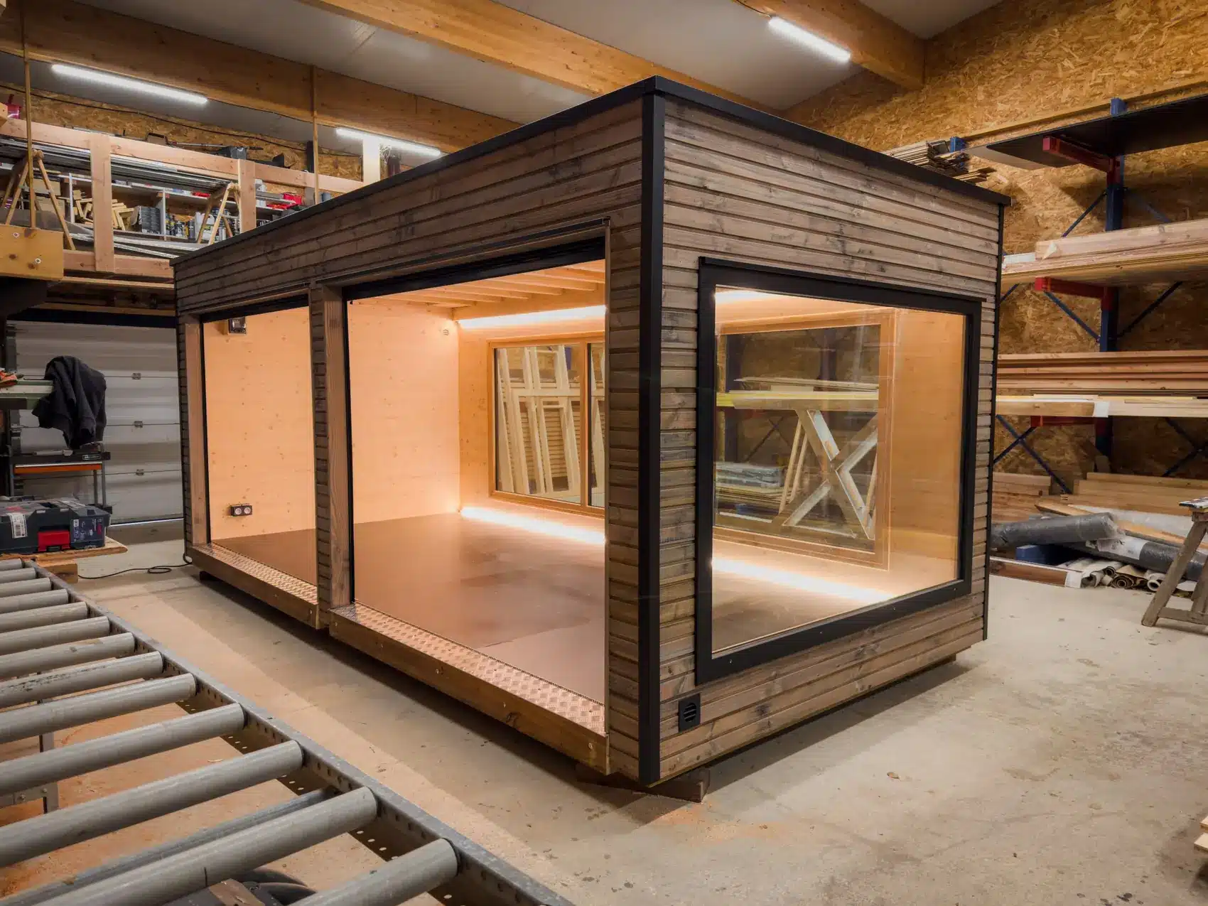 Garage Inno'Kub terminé dans l'atelier d'Ax-les-Thermes, éclairage LED allumé
