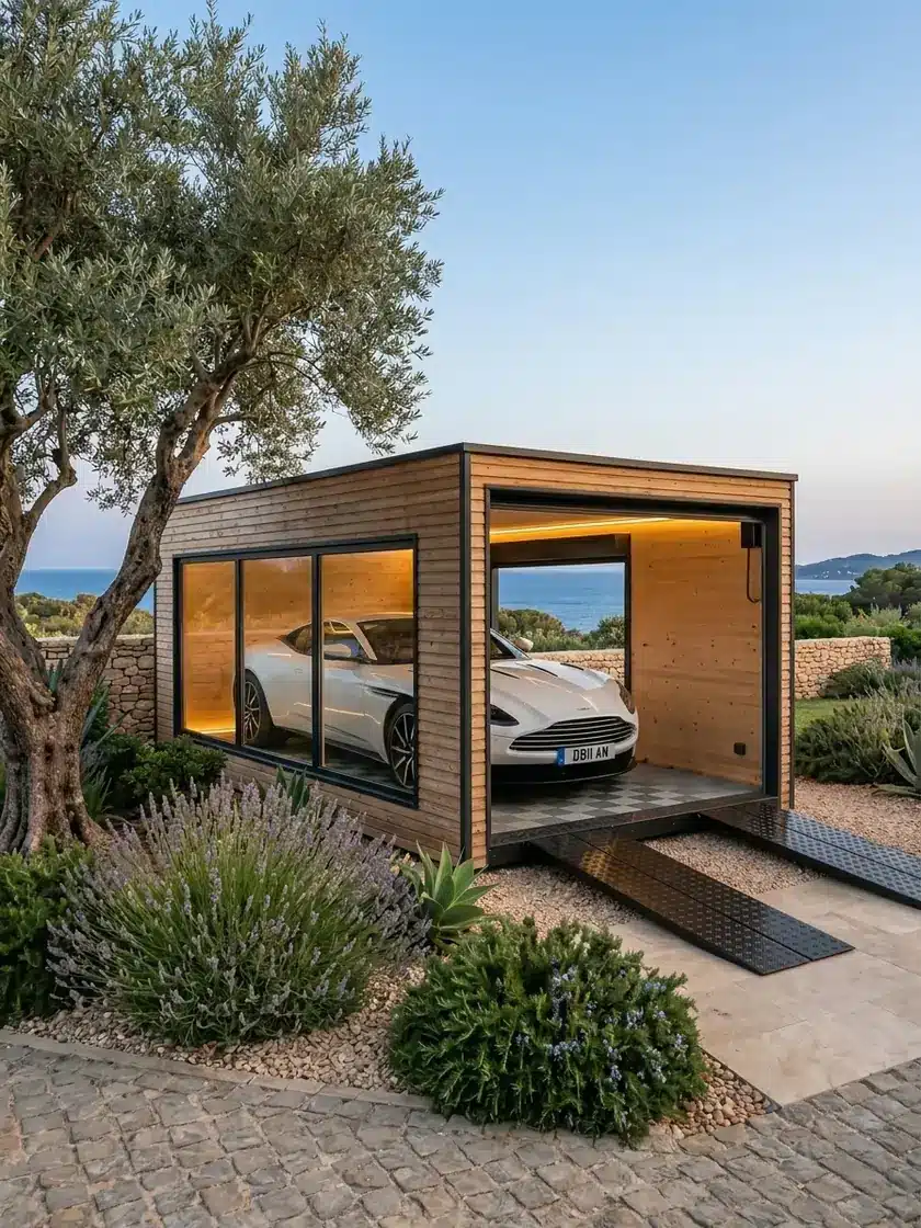 Garage en bois Inno'Kub face à la mer, Aston Martin exposée derrière la baie vitrée