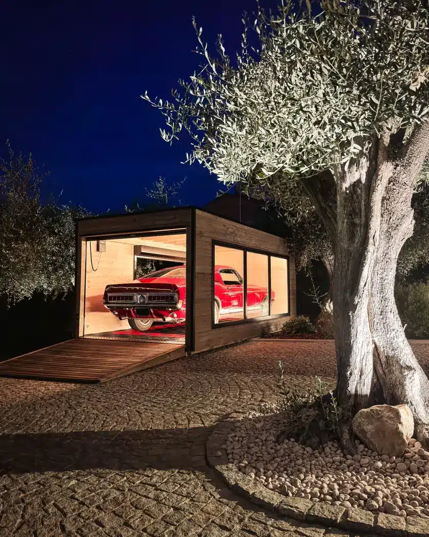Vidéo : le Targa 250 en images — garage Inno'Kub de nuit sous un olivier, Shelby Mustang GT350 rouge vue de l'arrière
