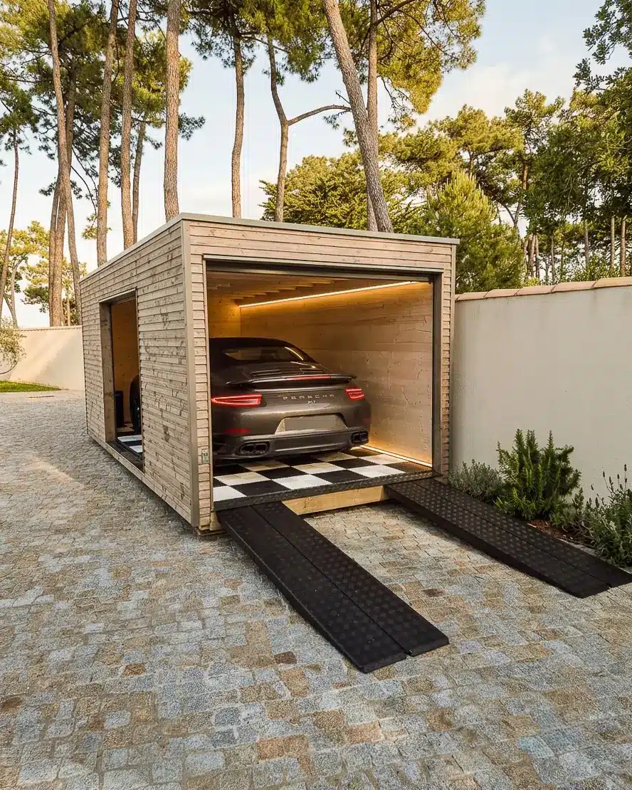 Garage en bois pour voiture Targa 250 abritant une Porsche 911, porte latérale ouverte