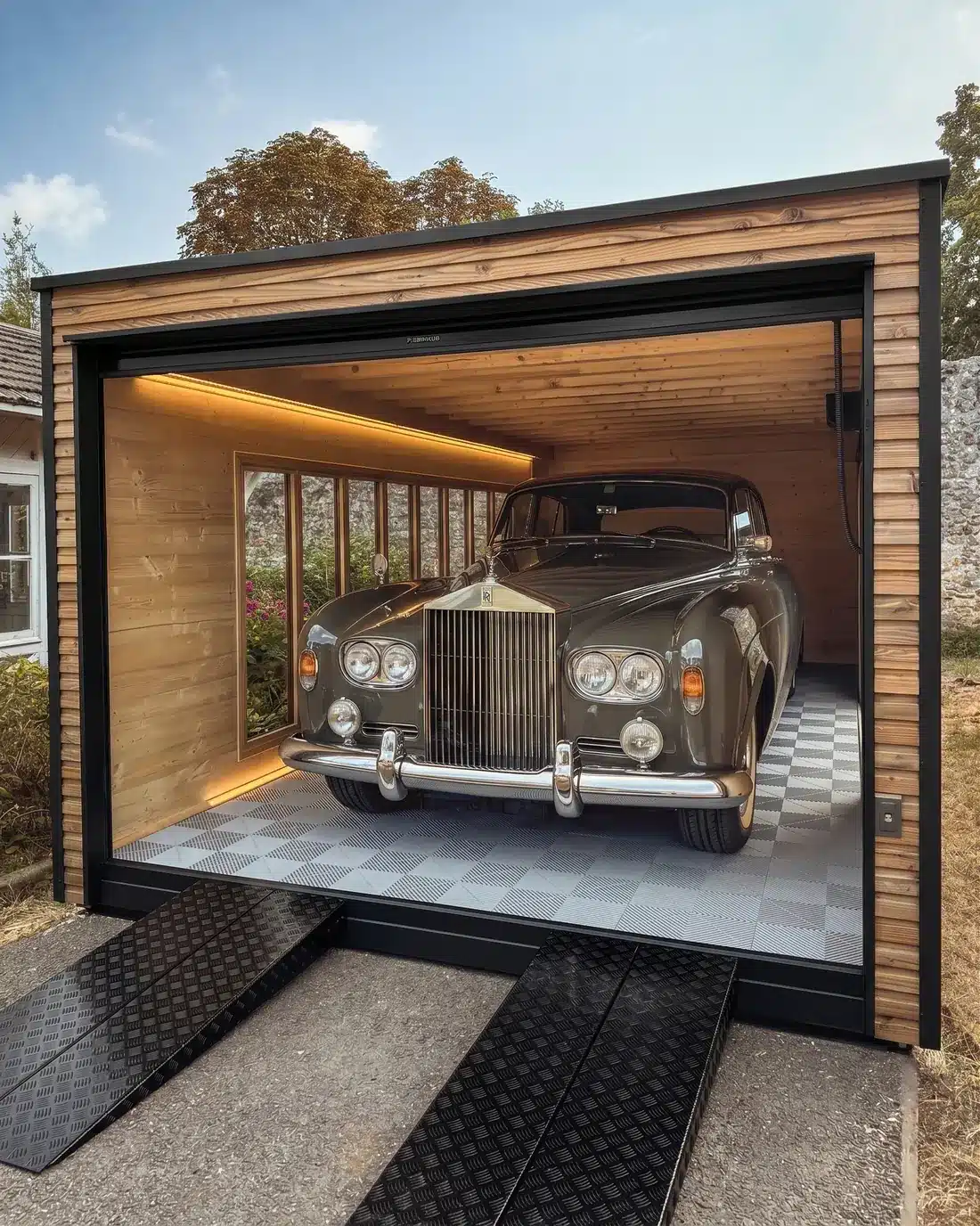 Garage en bois pour voiture Targa 300 abritant une Rolls-Royce, baie vitrée et éclairage LED