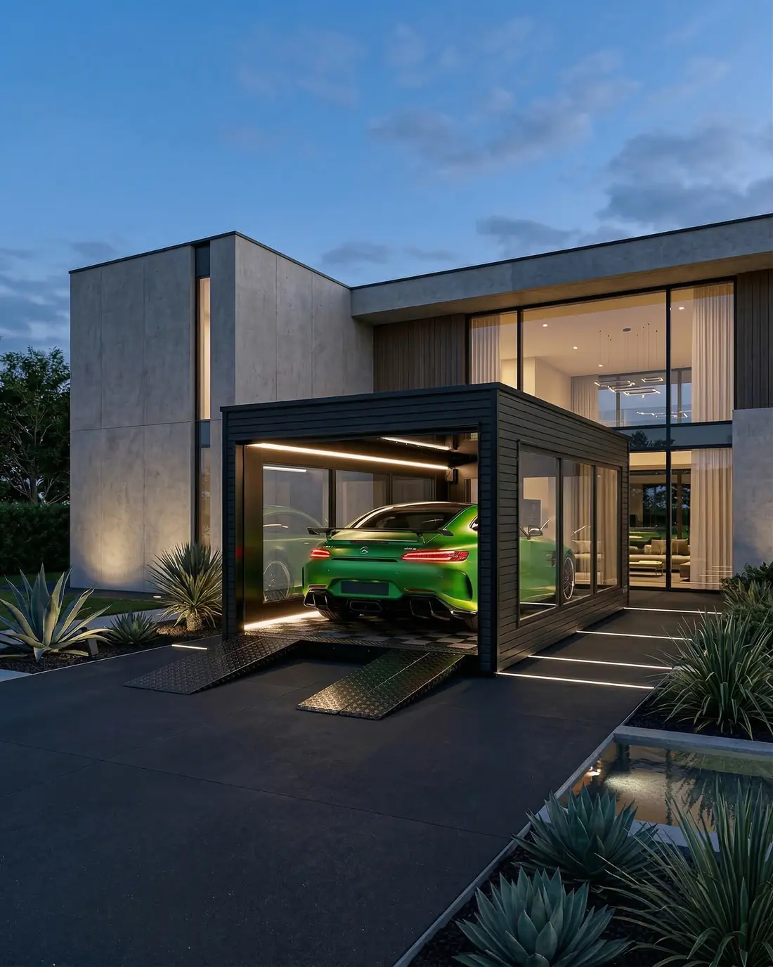 Targa 300 Obsidian devant une maison contemporaine, coupé sportif exposé