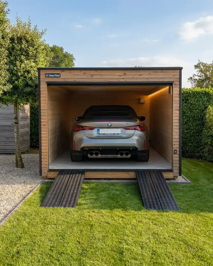 Garage en bois Inno'Kub entièrement clos, sans baie vitrée, porte frontale ouverte