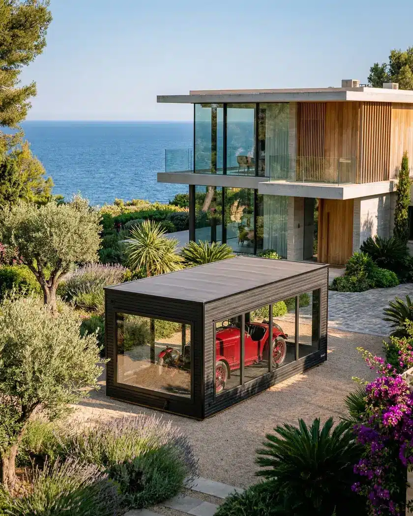 Targa Obsidian dans le jardin d'une villa contemporaine en bord de mer