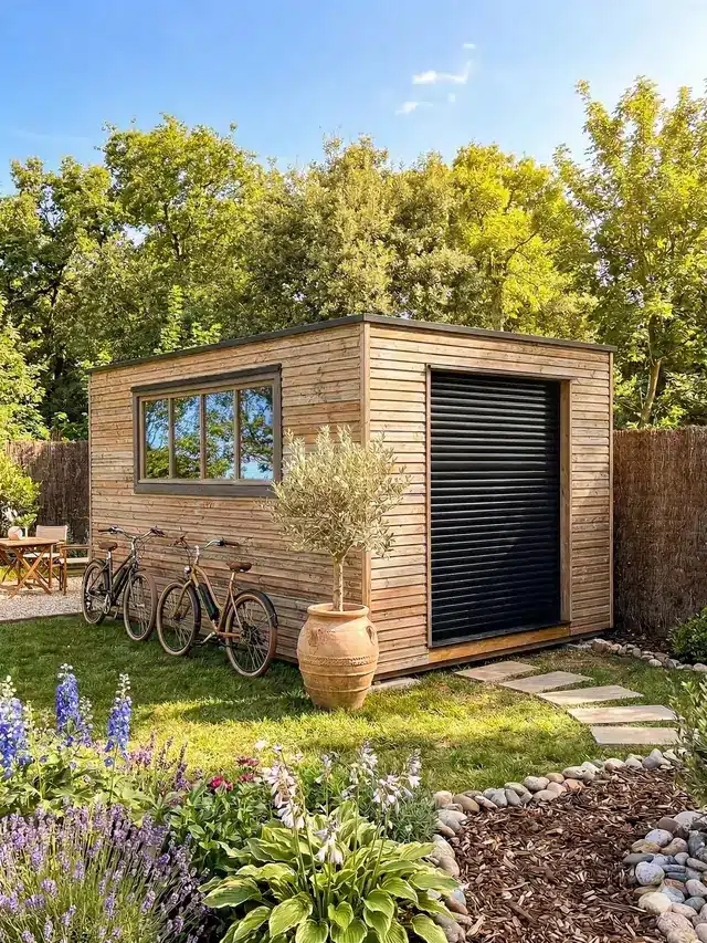 Abri en bois Inno'Kub fermé par un volet roulant dans un jardin fleuri, vélos appuyés contre le bardage