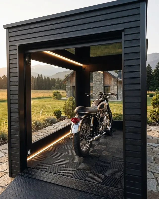 Abri moto Obsidian vu de l'intérieur : bandeaux LED, dalles de sol noires, vue sur la campagne