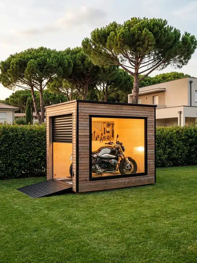Abri moto en bois Inno'Kub sur une pelouse, sous les pins parasols, moto exposée derrière le châssis vitré