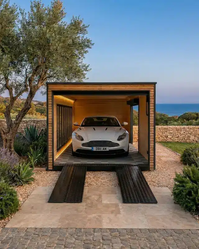 Garage en bois Inno'Kub face à la mer, Aston Martin grise vue de face, rampes d'accès en place