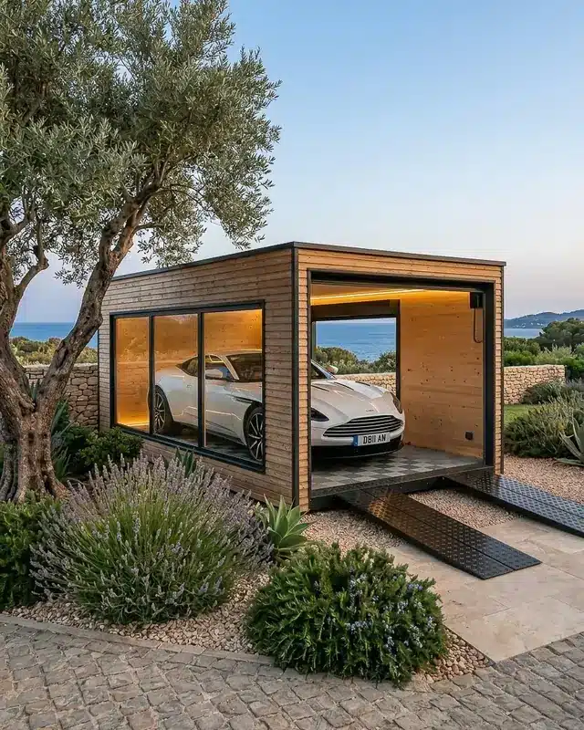 Garage en bois Inno'Kub sous un olivier face à la mer, Aston Martin exposée derrière la baie vitrée