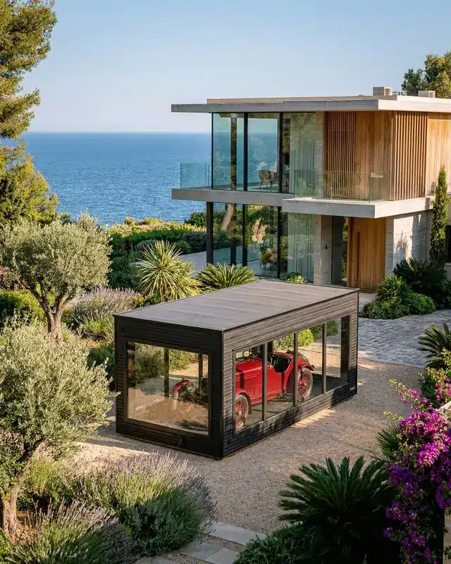 Garage Obsidian dans le jardin d'une villa contemporaine en bord de mer, voiture ancienne rouge exposée